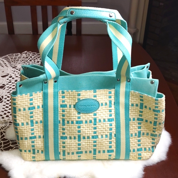 Vintage Tommy Hilfiger Straw & Cloth Handbag Turquoise Blue and Soft Tan - Picture 1 of 16
